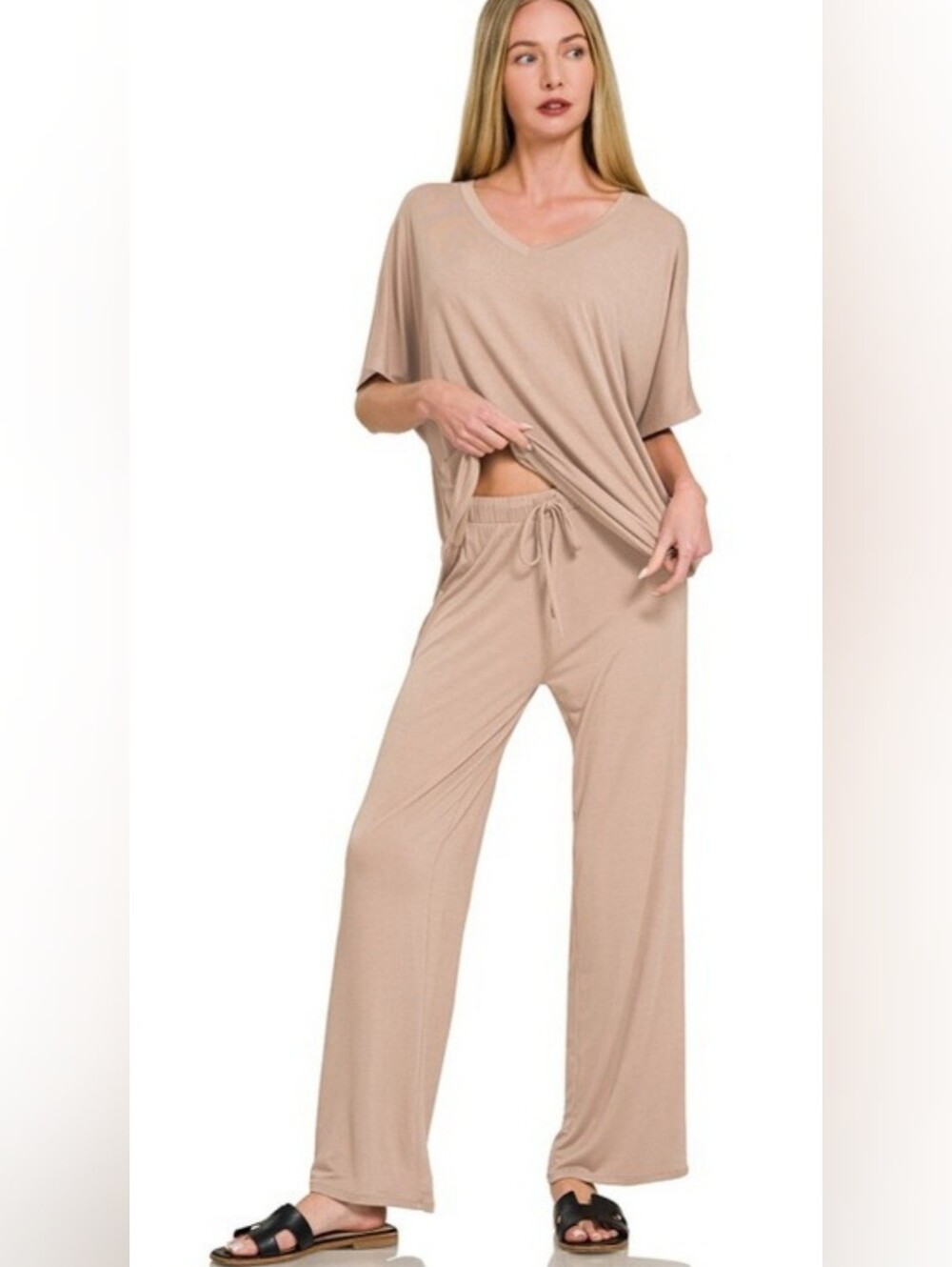 Zenana Soft V‑Neck Lounge Set In Mocha